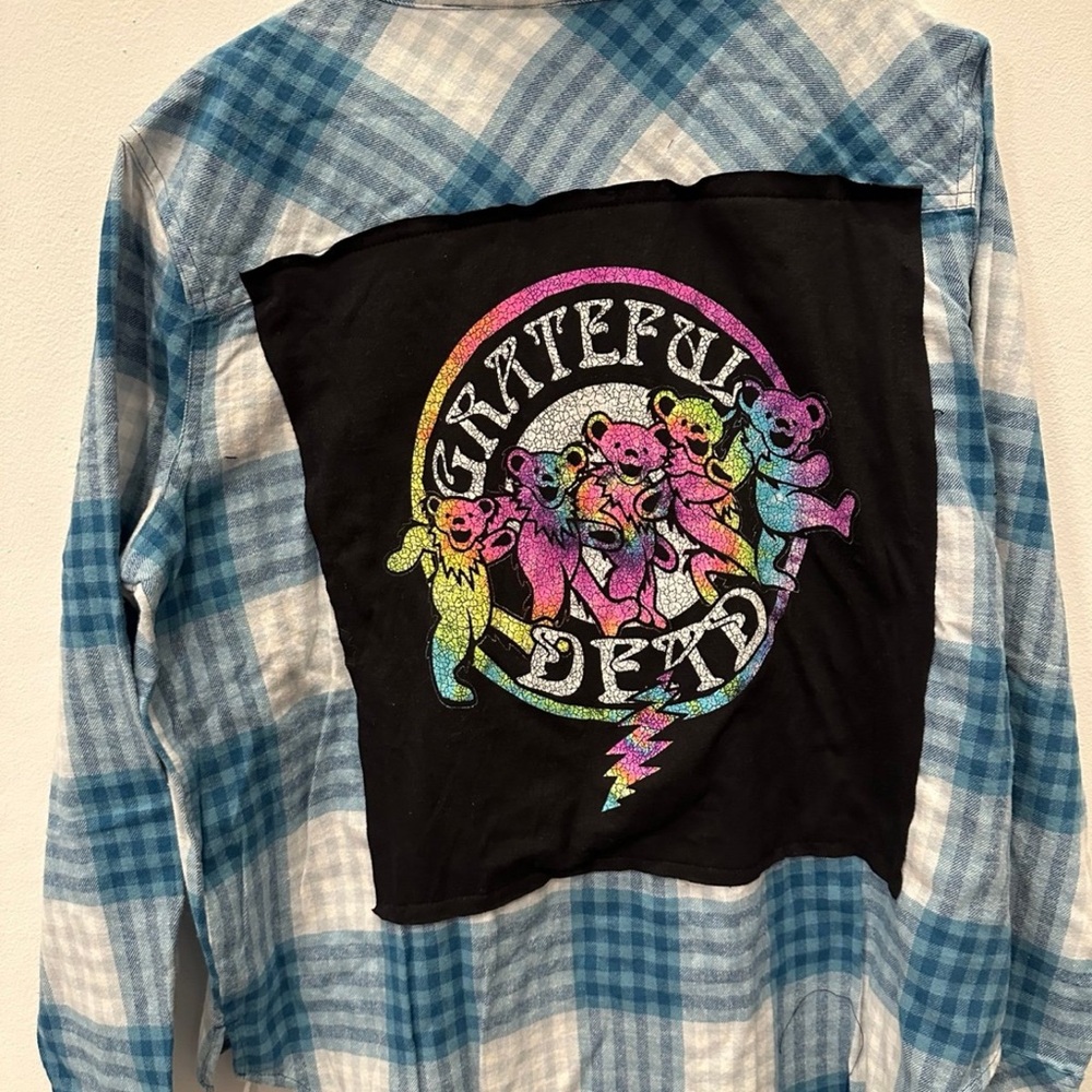 Upcycled flannel Grateful Dead concert band T-shirt, Levi denim pocket